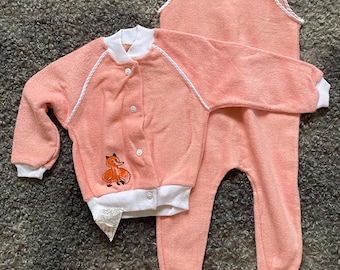 Set of 2 Vintage Baby Overalls and Jacket Cotton Terry Baby Pants and Top Size 92cm Unisex Baby Shower Gift Pink  Fox Easter Clothes