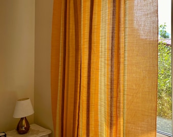 Scandinavian Vintage Yellow Curtain Panel, 70s Mustard Striped Window Drapery, Retro Mid Century Sheer Curtain, Scandinavian Boho Home Decor