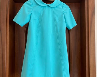 Vintage 60s Mod Shift Dress Turquoise Blue Peter Pan Collar Mini Dress A Line Retro Secretary Dress Size S EU 36