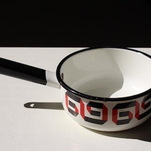 Enamel Ladle White Bowl Pot with Black Handle Red Black Geometric Pattern. Vintage Enamelware