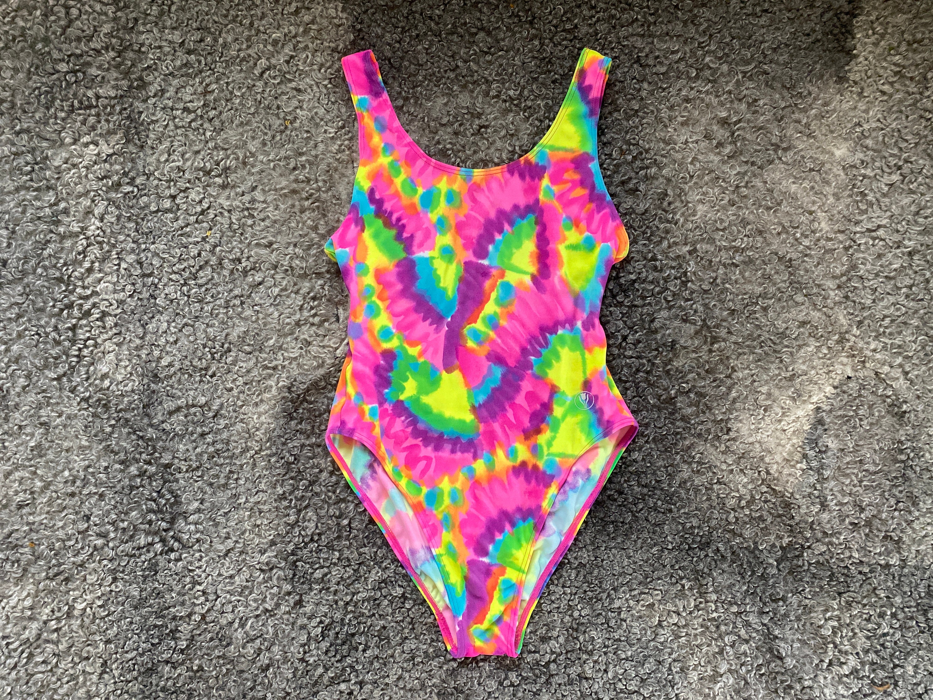Maillot De Bain Une Pièce Vintage Solar Années 90 - Taille M, Motifs Multicolores Néon - Nylon/Dorlastan