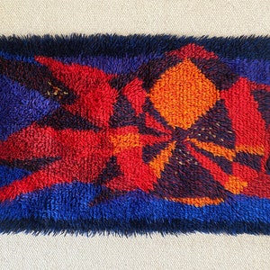 Scandinavian Rya Rug Swedish Vintage Wool Abstract Design Blue Red Handmade Wool Carpet Scandinavian Design