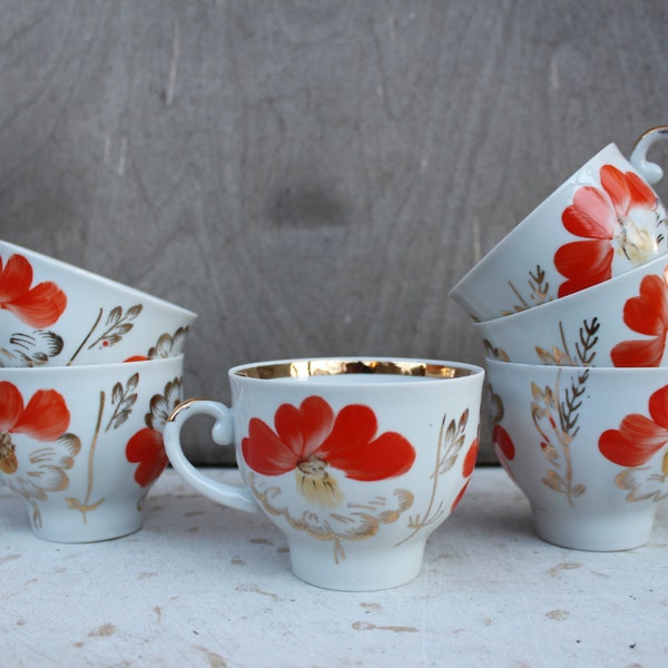 Soviet Vintage 5 Coffee / Tea Cups, Russian White Cups wit Hand Painted Flowers Decoration. Retro Kitchen Decor. Made in USSR. Collectible