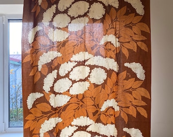 Scandinavian Vintage 70s Cotton Curtain Panel Brown Big Flowers, Decorative Home Decor Cotton Fabric Vintage Table Linen Tablecloth