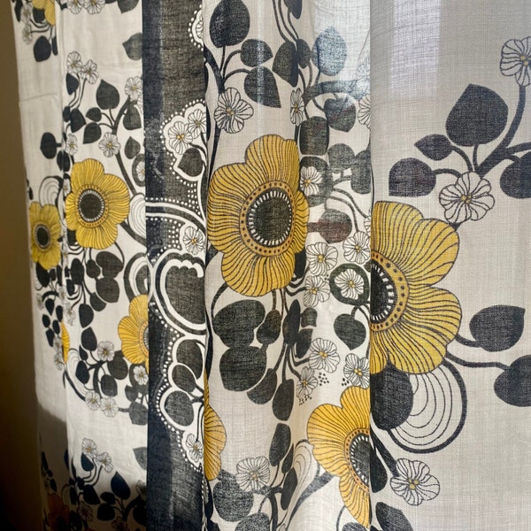 Scandinavian Vintage Curtains Acrylic Wool Yellow Black Big Flowers 2 Curtain Panels Decorative Home Decor Floral Decoration
