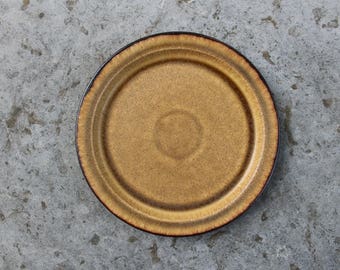 May include: A brown ceramic plate with a dark brown rim. The plate has a slightly textured surface.