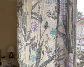 Scandinavian Vintage Floral Sheer Curtain Pair Nordic Botanical Acrylic Wool Blend Window Curtain | Retro Light Drapery Blue