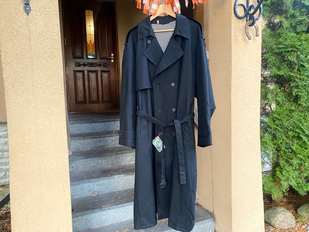90s Vintage Men Trench Coat Black Winter Overcoat Full Length Coat