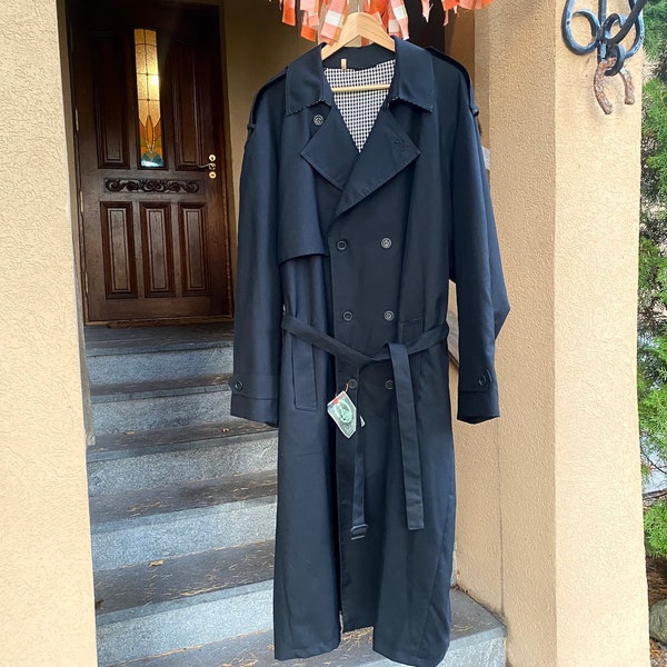 90s Vintage Men Trench Coat Black Winter Overcoat Full Length Coat Dress Coat Belt Unused Classic Trench Warm 90s Trend