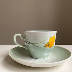 LFZ Lomonosov Porcelain Factory Vintage Cup and Saucer Small Coffee Set with Green Yellow Flowers Collectible