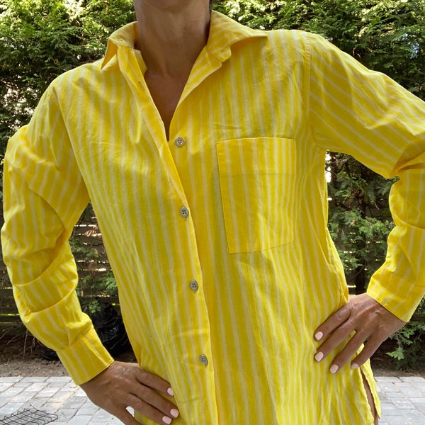 MARIMEKKO Jokapoika Shirt Unisex Long Sleeve Yellow Stripes Cotton Top Size M, Scandinavian Design