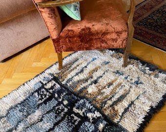 Vintage Scandinavian Rya Rug Wool Handmade 127x87 cm Nordic Shag Rug Mid Century Danish Modern Boho Carpet Blue Neutral Decor