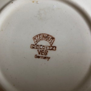Peut inclure: Gros plan d'une marque en gr&egrave;s brun sur une assiette blanche. La marque indique "Steingut Goldnix VEB Germany".