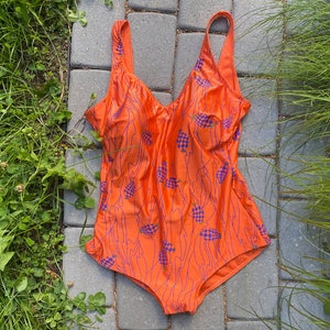 Vintage Swimsuit, Bathing Costume, One Piece Swimwear, Orange Swimsuit for Women, Size 40, Collectible