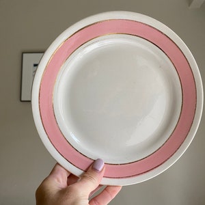 May include: A white ceramic plate with a pink and gold rim. The plate has a simple design and is perfect for serving a variety of dishes.