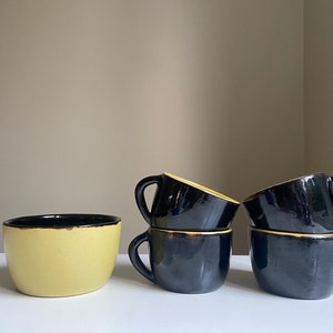60s Estonian Ceramic Espresso Cups and Bowl, Vintage Black Mustard, TEKT Designer Made Lutter, Made in Estonia