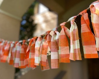 Tassel Bunting, Orange Plaid Garland, Fall Garland Plaid Ribbon Fiesta Bunting Natural Autumn Tassels Festive Handmade Fall Home Decor