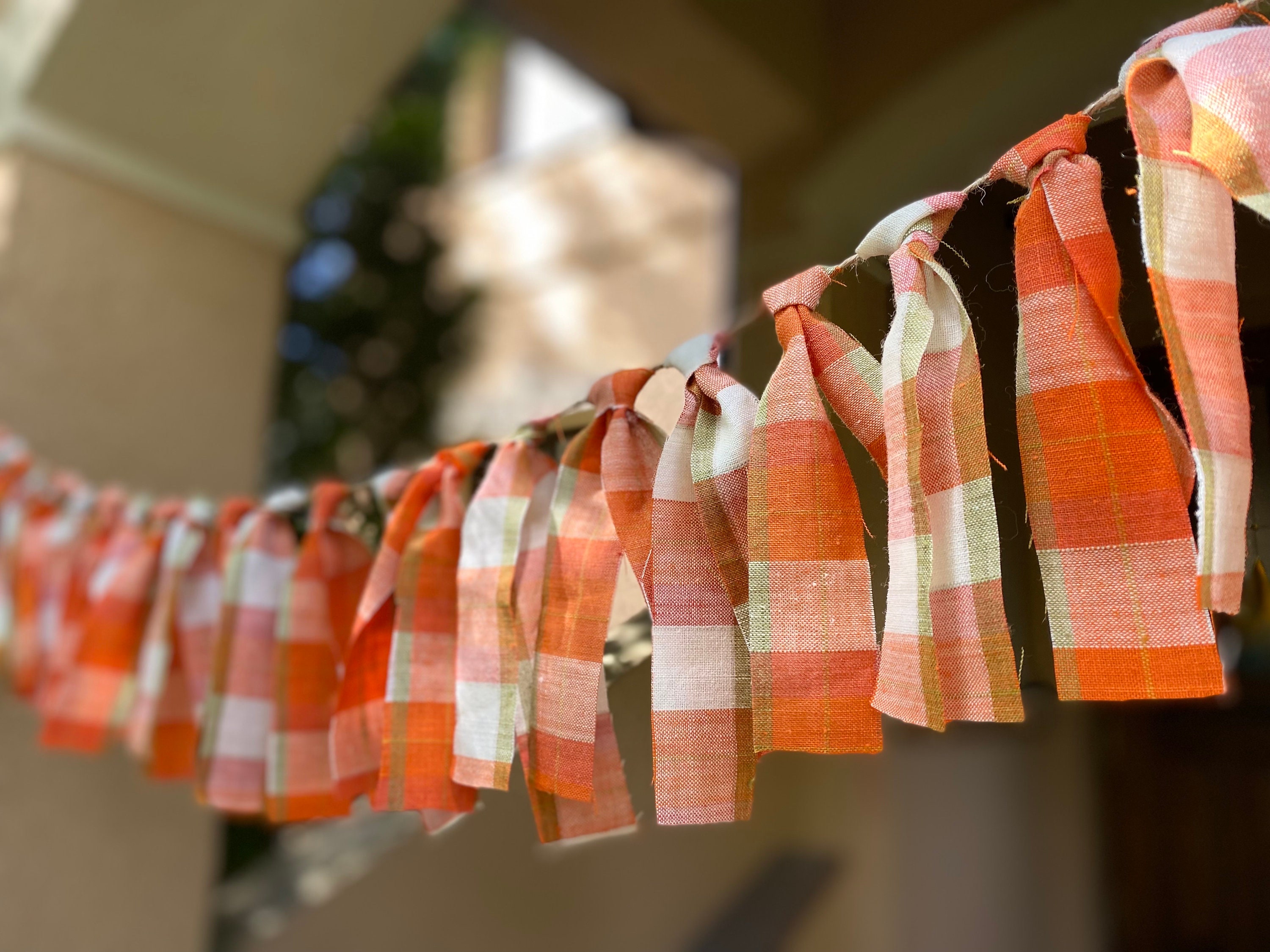 Autumn Tassel Bunting ORANGE Plaid Garland Fall Ribbon Fiesta Bunting Natural Autumn Tassels Festive Handmade Home Decor 26 Tassels in 1 M