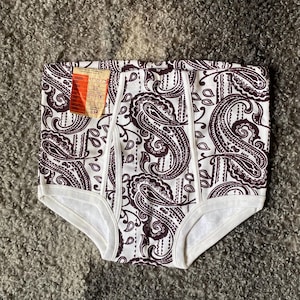 Vintage Men Underwear M/L Cotton High Waist Underpants Retro 70s Briefs Brown Paisley Pattern Unused Undies with Factory Tag 1975