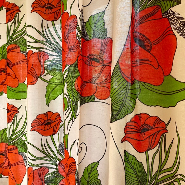 2 Scandinavian Vintage Curtains Acrylic Wool Poppy Flower Curtain Panels Red Floral Woven Curtains Big Summer Flowers Scandi Home Decor