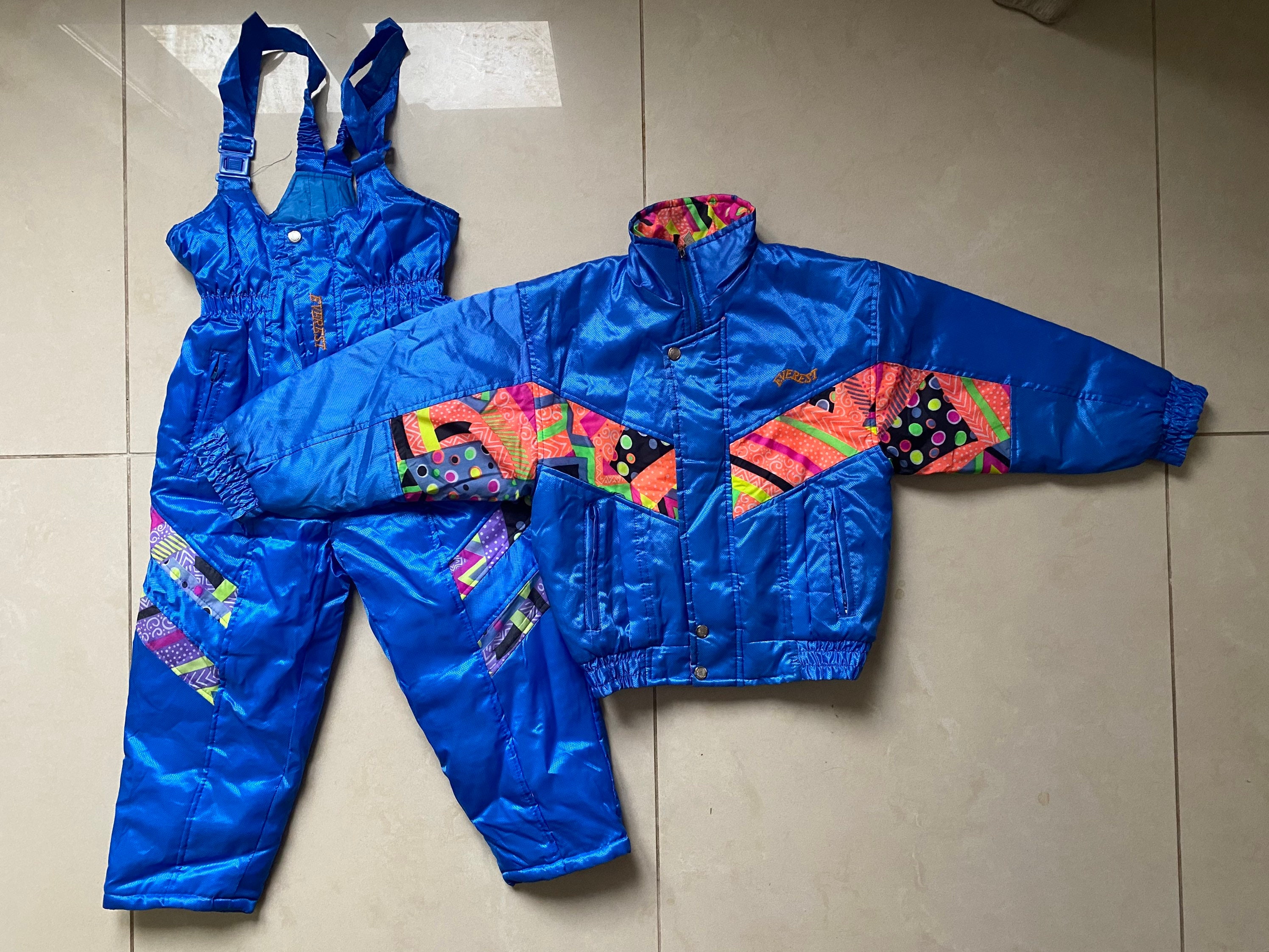 90s Ski Set Kids Winter 2 Piece Snow Jacket Pants Blue Neon Size 6 ( 116cm) Designed in Italy