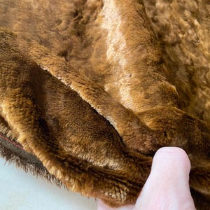 May include: Close-up of a brown faux fur fabric with a subtle sheen. The fabric has a soft, plush texture and is ideal for crafting projects.