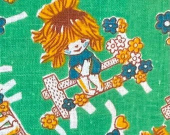 Vintage Kids Cotton Fabric Green Light Cotton Fabric with Little Girl Print Soviet Time  Nursery Room Decor Bed Sheet