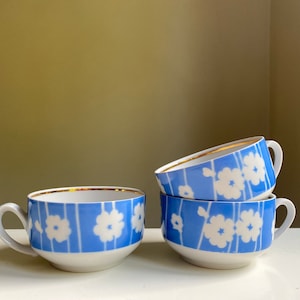 Set of 3 Riga Porcelain Factory Tea Cups Coffee Cups Blue Flowers Floral Decoration Riga Porcelain Factory 80s