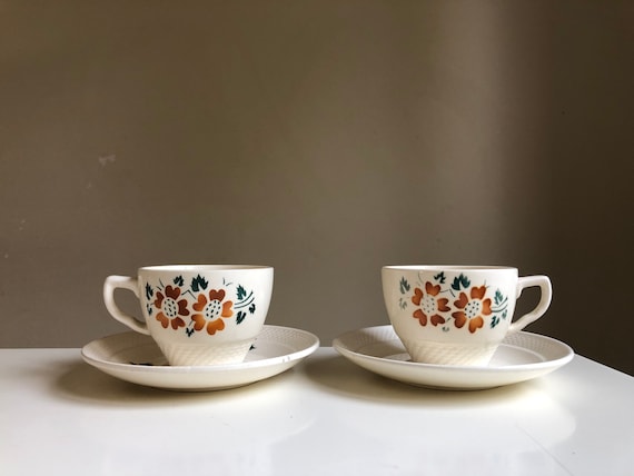 Vintage Coffee Tea Cups Saucers Set of 2 Steingut Colditz Veb Germany, 1950s Collectible
