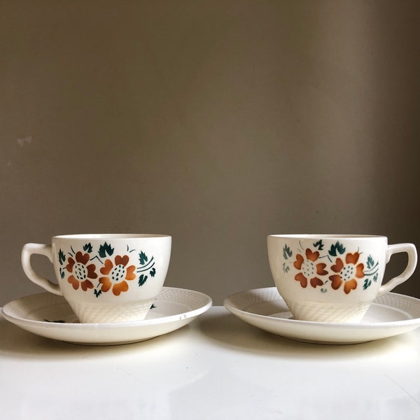 Vintage Coffee Tea Cups Saucers Set of 2 Steingut Colditz Veb Germany, 1950s Collectible