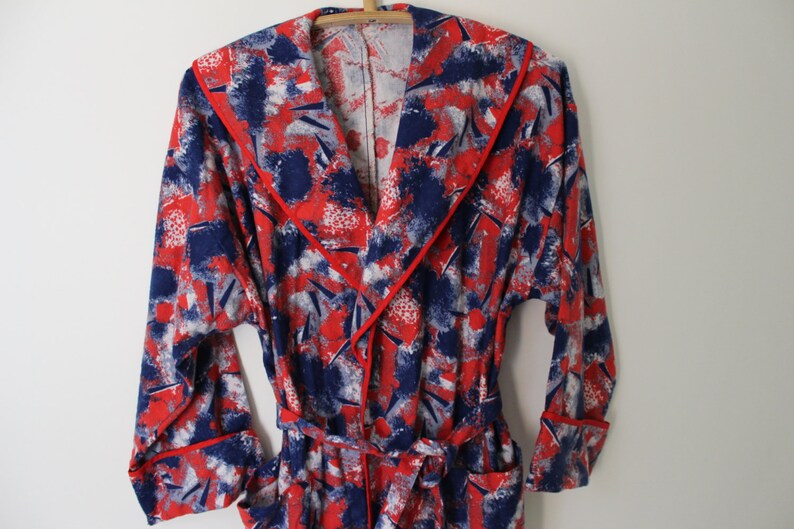 Unused Russian Retro Red Blue Cotton Flannel Long Sleeve Robe Made in USSR 1990s NOS Soviet Vintage Flannel Dressing Gown