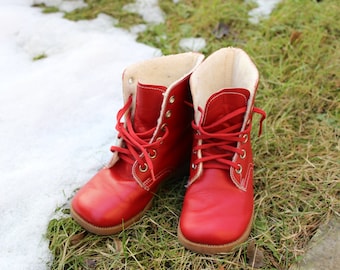 80s Vintage Kids Winter Boots Girl Red Leather Footwear Natural Soft Leather Warm Boots 1980s, Collectible Made in Czechoslovakia 80s