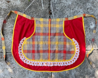 Vintage Apron for Women Red Yellow Cotton Half Apron with Pockets, Retro Kitchen Decor