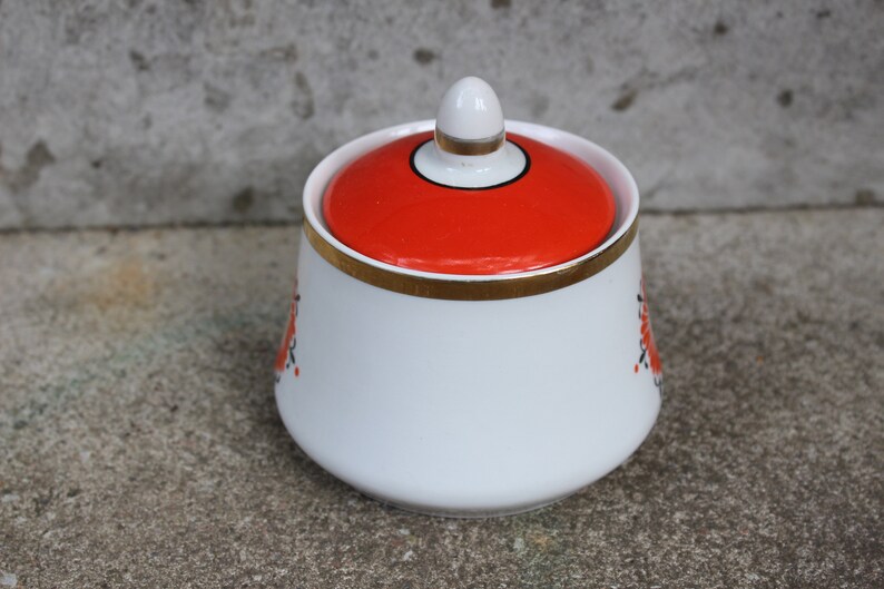 Vintage Sugar Pot with Red Ornament Russian Retro Kitchen Decor Collectible Soviet Sugar Bowl Made in USSR