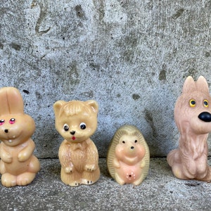 Vintage Rubber Bunny Wolf  Hedgehog Bear Vintage  Rubber Animal Toy Set. Collectible
