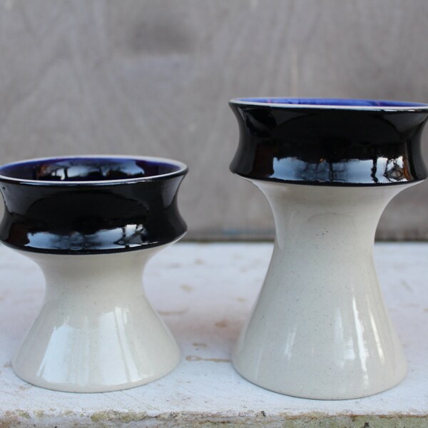 Scandinavian Höganäs Keramik Candleholder Set of 2 Swedish Vintage Hoganas Grey Stoneware with Blue Rim , Scandinavian Design