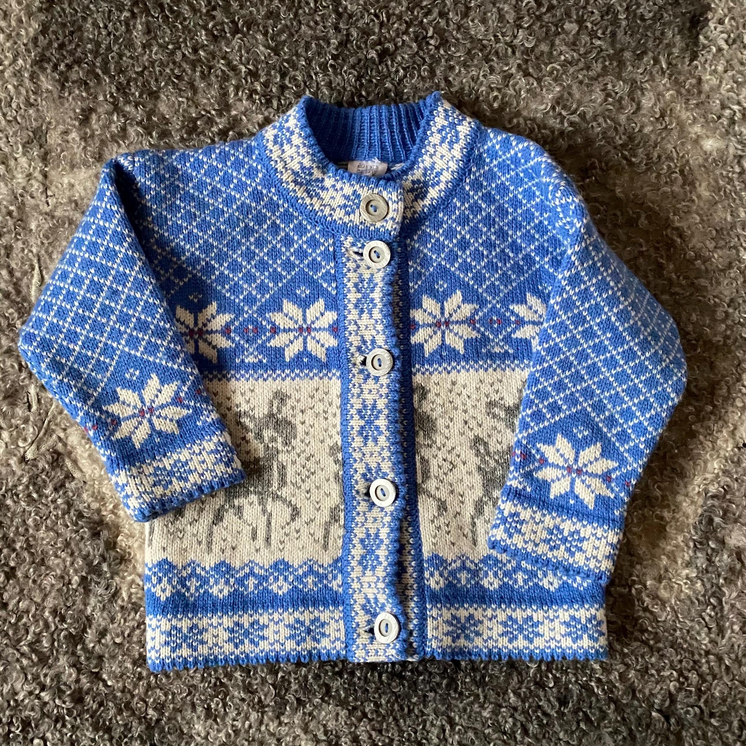 Vintage Wool Kids Cardigan 3-4 Years, Blue Nordic Knit Sweater with Deer Fawn Pattern, Estonian Wool Children Jacket Winter Boy or Girl