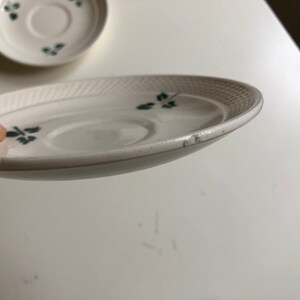 Peut inclure: Une soucoupe en c&eacute;ramique blanche avec un motif floral vert. La soucoupe a un bord sur&eacute;lev&eacute; et une l&eacute;g&egrave;re indentation au centre.