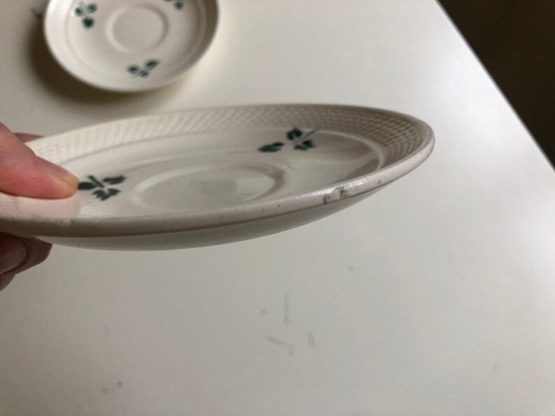 Peut inclure: Une soucoupe en c&eacute;ramique blanche avec un motif floral vert. La soucoupe a un bord sur&eacute;lev&eacute; et une l&eacute;g&egrave;re indentation au centre.