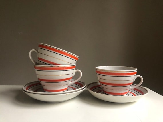 Kaffeetassen mit Untertassen Mid Century Modern 3er Set Kaffeetassen mit Untertassen gestreift Vintage Geschirr