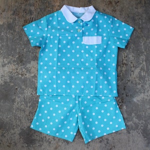 Vintage Boys Top and Short Pants Set, Cotton Boy Summer Clothes Blue White Polka Dots Unused