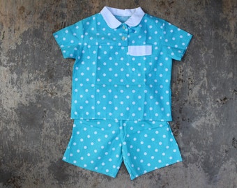 Vintage Boys Top and Short Pants Set, Cotton Boy Summer Clothes Blue White Polka Dots Unused