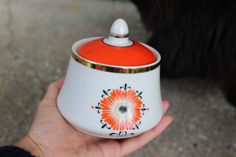 Vintage Sugar Pot with Red Ornament Russian Retro Kitchen Decor Collectible Soviet Sugar Bowl Made in USSR