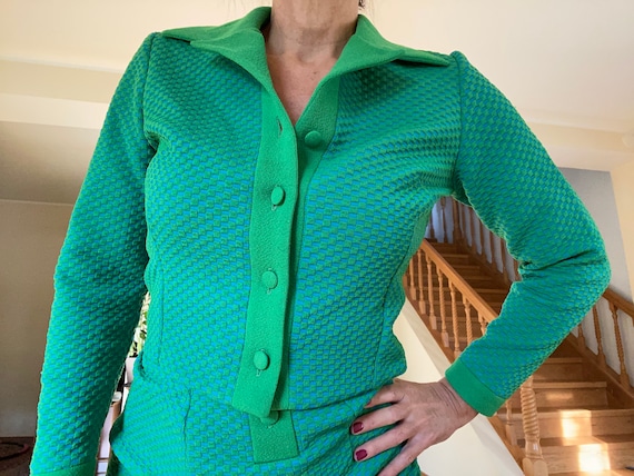 Crimplene Suit, Retro 2 Piece Skirt and Jacket in Green and Blue