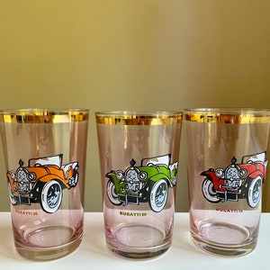 Set of 3 Drinking Glasses Set BUGATTI 30 Old Car Tumbler Glassware Bugatti Type 30 Automobile Collectible