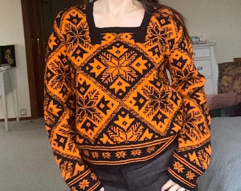 Suéter de lana estonio vintage, jersey de punto nórdico folclórico, jersey estampado naranja y negro, aspecto artesanal, talla S/M