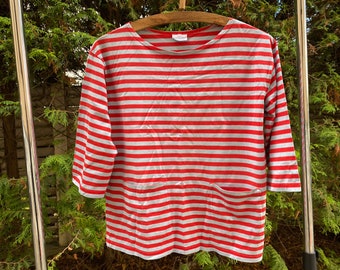 MARIMEKKO T Shirt, Größe M Rot Grau Gestreift Baumwoll Jersey Top Taschen Made in Finland Skandinavisches Design
