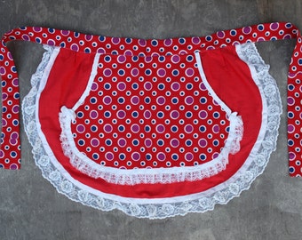 80s Apron Vintage Unused Red Cotton Half Apron with Polka Dots and White Lace