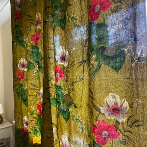 Scandinavian Vintage Barkcloth Curtains Mid Century Floral Cotton Drapes Olive Green & Red Poppy Window Panels 1960s Danish Modern Style