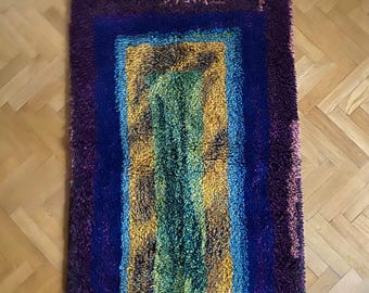 Vintage Scandinavisch Rya-wandtapijt jaren 70 handgeweven wollen tapijt 147 x 105 cm kleurrijk midden van de eeuw Scandinavische textielkunst Rya-tapijt